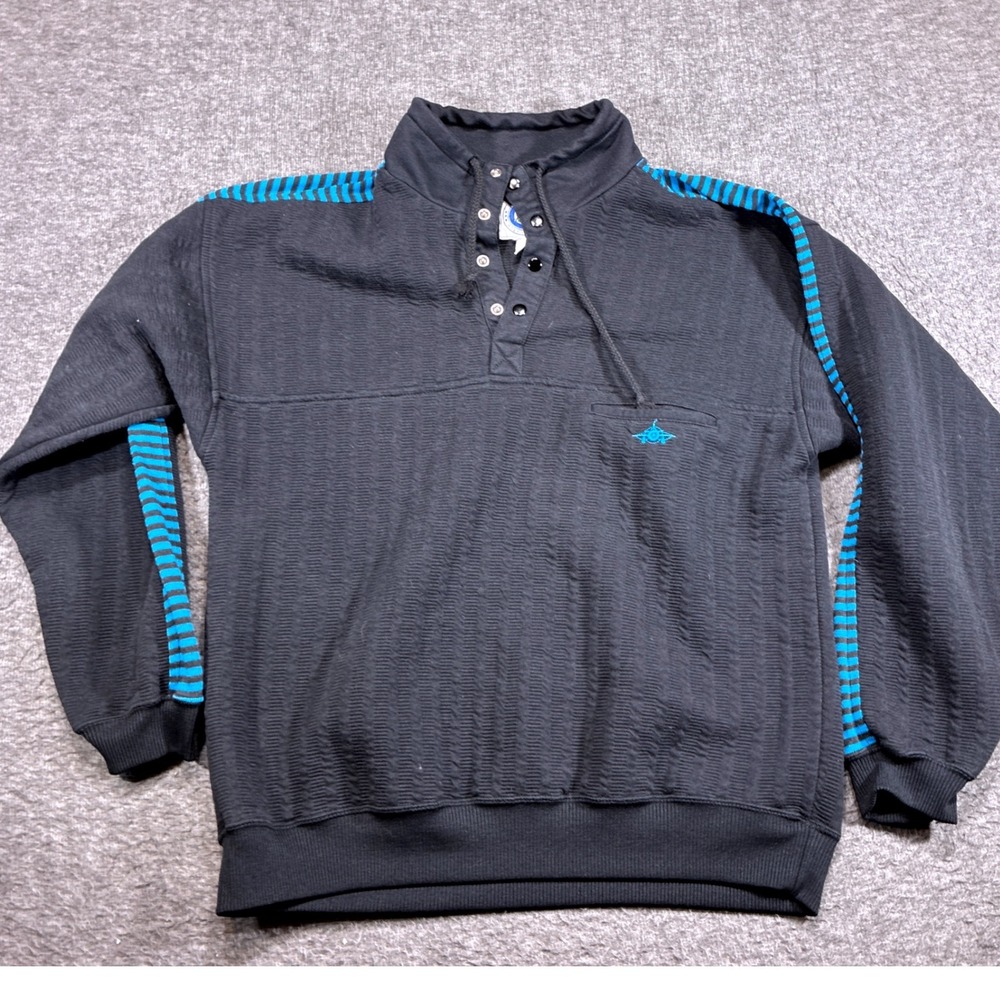 Vintage Greenline International Quarter Button Pullover Men Medium Black Striped